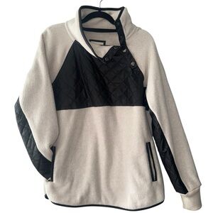 Abercrombie & Fitch White and Black Faux Leather Asymmetrical Button Fleece